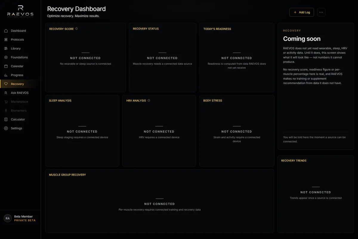 The RAEVOS Recovery screen in its current state: every panel reads not connected.
